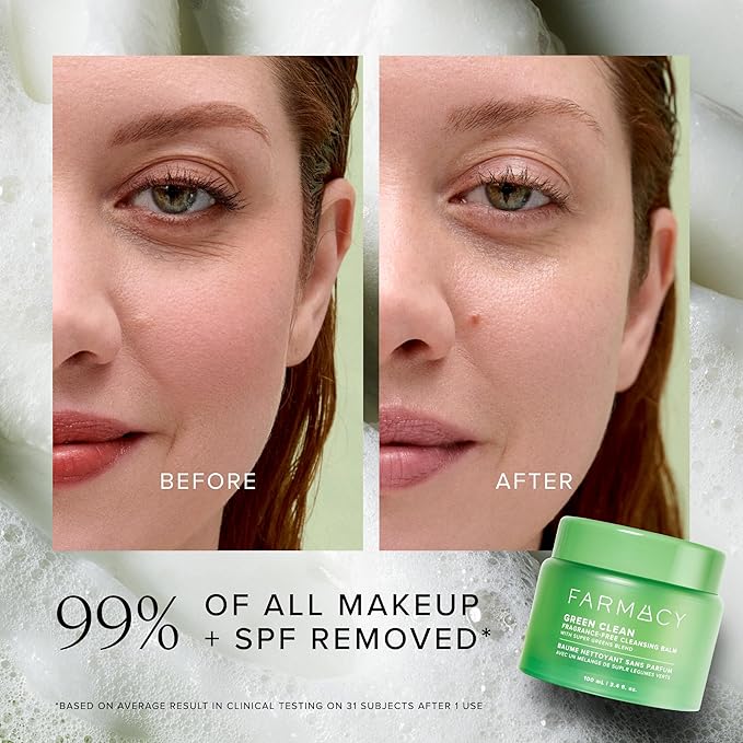 Farmacy Makeup Remover Cleansing Balm - Green Clean Waterproof Makeup Remover + Oil Based Cleanser - Newly Formulated Double Cleanser with Plant Based Waxes + Upcycled Moringa (100ml)