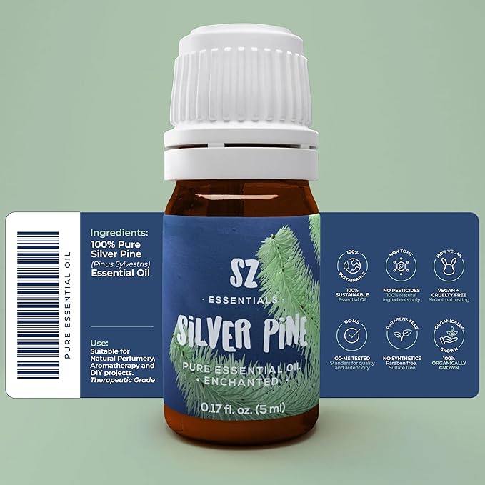 Silver Pine Essential Oil - 100% Pure & Undiluted- Extracted from Pinus Sylvestris - Clean & Fresh Scent with Woody Overtones - Therapeutic Grade & Vegan - 0.17oz (5ml)