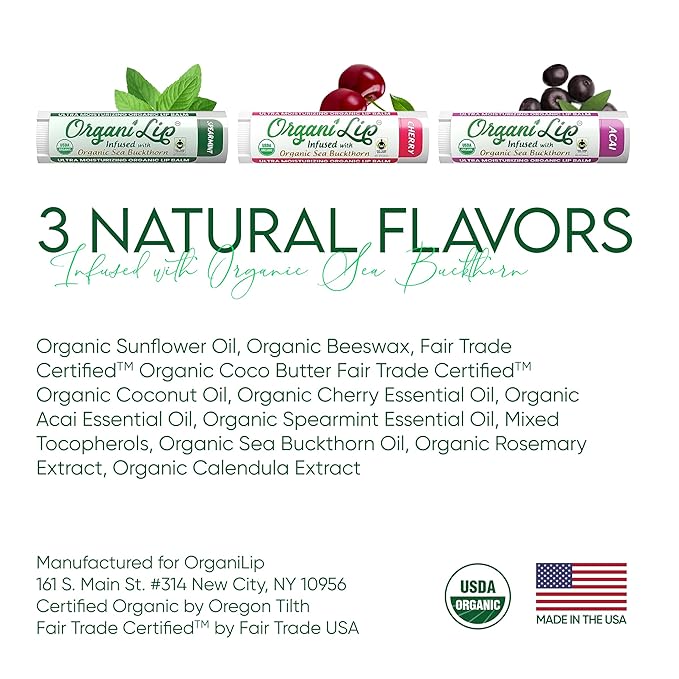 OrganiLip Organic Lip Balm, Variety3 Pack (Spearmint, Cherry, Acai), Ultra Hydrating Lip Moisturizer for Dry Lips, USDA Certified Organic,