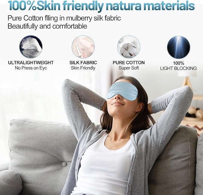 Sleep Mask, Silk Eye Mask for Sleeping with Adjustable Strap, Blindfold Eyeshade for Men & Women, Comfortable & Soft Eye Cover Eyeshade for Night Sleep (Light Blue)