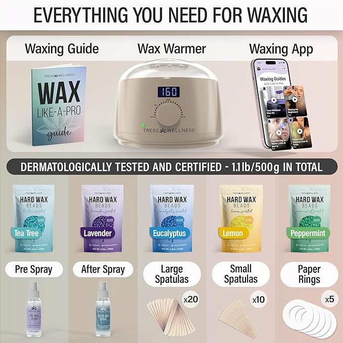 Tress Wellness Waxing Kit for Sensitive Skin – Safe for Face & Skin, Prep & Aftercare Spray, Easy to Use – At-Home Kit for Face, Bikini, Brazilian & Full Body - Digital Display, Beige