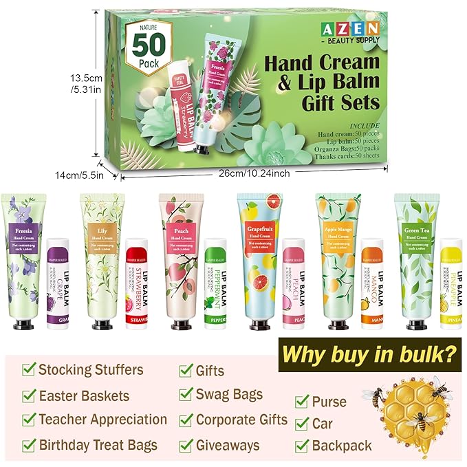 AZEN 50 Sets Hand Cream Bulk and Lip Balm Bulk Set, Bridal Shower Gifts for Guests, Thank You Gifts for Coworkers Women Men with Organza Bag Thank You Card, Bridal Wedding Favors for Guests