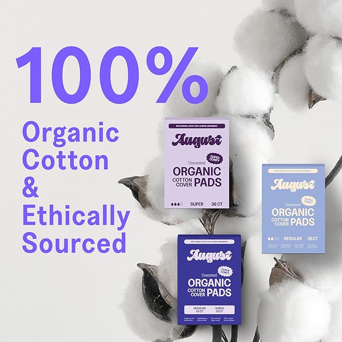 August Regular Cotton Menstrual Pads, 72-Pack Ultra Thin Pads with Wings, Hypoallergenic Sanitary Napkins with Organic Cotton Topsheet, Compostable Wrappers, Toxin Free, Fragrance Free