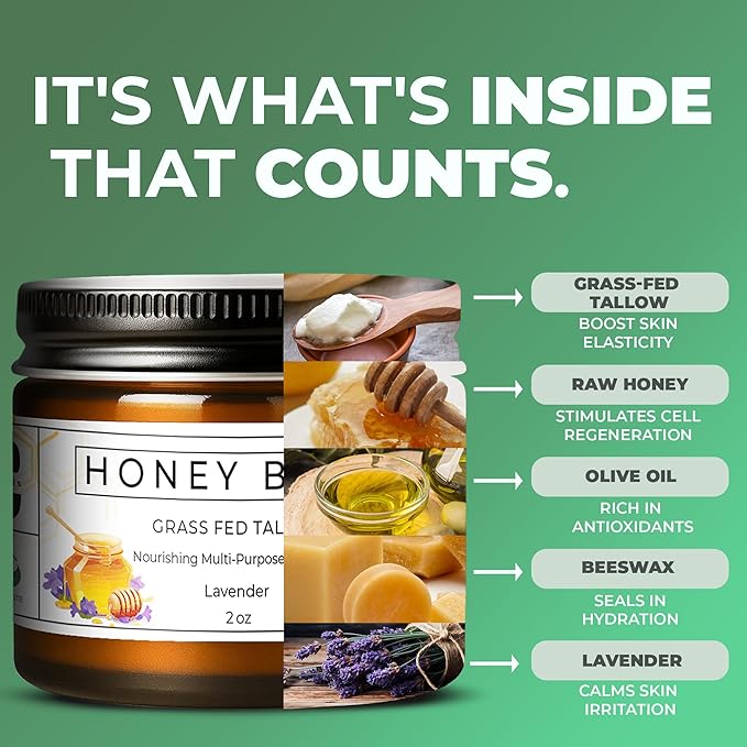 Tallow and Honey Balm, Organic Body Butter, Grass-Fed Beef Tallow for Skin, Soothing All-Natural Moisturizer for Body and Face | Made in USA - 2 oz (Lavender)