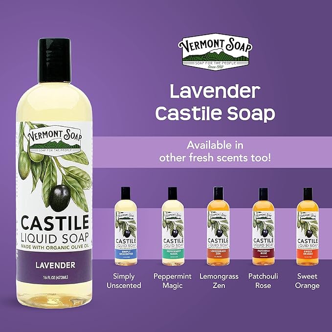 Vermont Castile Soap Lavender, Gentle Liquid Soap for Sensitive Skin & Natural Body Wash, Organic Hair Shampoo for Oily Hair, Aloe Castile for Men & Women - 16 Oz