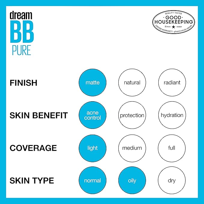 Maybelline Dream Pure Skin Clearing BB Cream, 8-in-1 Skin Perfecting Beauty Balm With 2% Salicylic Acid, Sheer Tint Coverage, Oil-Free, Deep, 1 Count