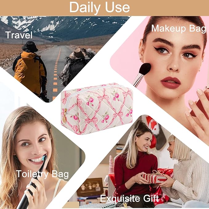 Makeup Bag Travel Cosmetic Bag for Women Girls, Zipper Make Up Pouch, Floral Flowers Toiletry Organizer Makeup, Portable Storage Bag, Cosmetic Travel Cloth Bag (2 Pack (L+S)/Pink Bowknot)