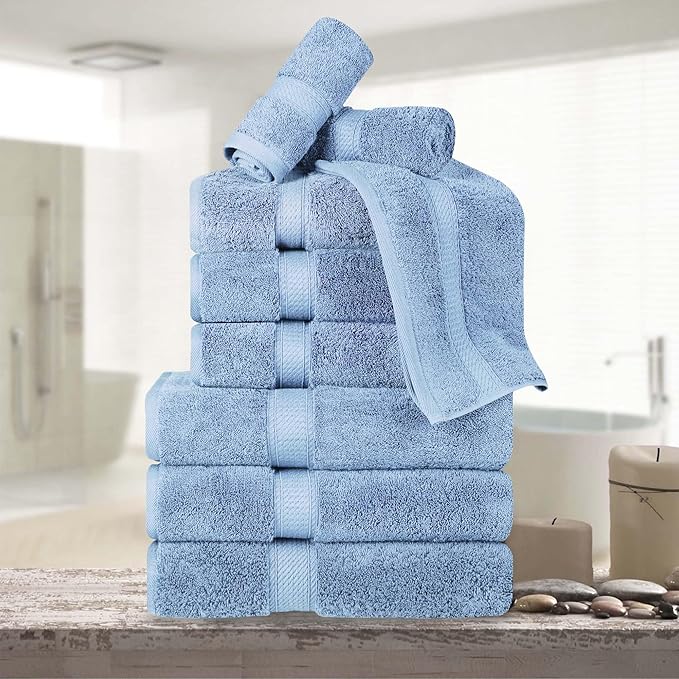 BNM Egyptian Cotton Heavyweight Towels, Ideal for Bathroom, Shower, Spa, Hotel, 800 GSM, Face/Washcloths, Hand Towels, Bath Towels, Highly-Absorbent, Luxury Home Basics, 9 Piece Towel Set, Light Blue