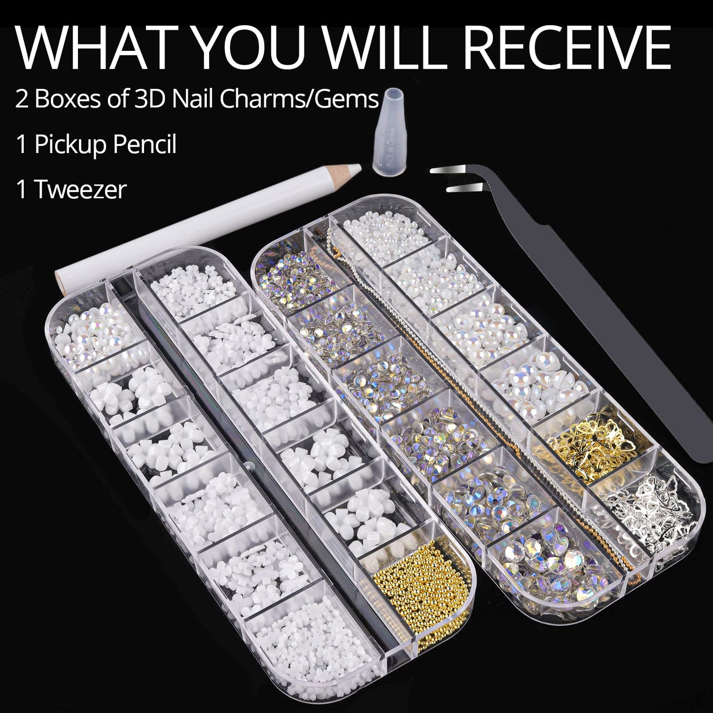 Mixed 3D Nail Art Gem Decoration Accessories Kit #9, Butterfly Starry AB Rhinestone Charm Jewelry for Deco, Pearl Flower Caviar Bead Stone Crystal with Pickup Pencil and Tweezer