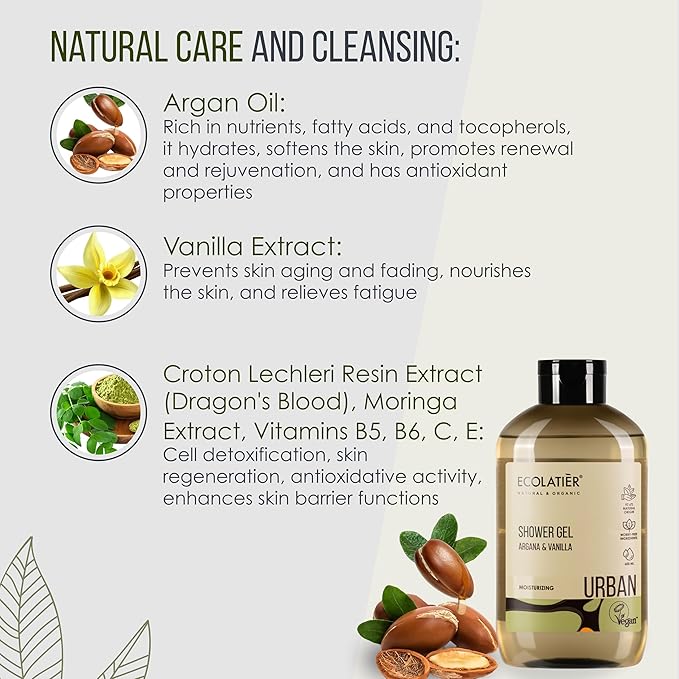 ECOLATIÈR Vanilla Body Wash with Organic Argan Oil - Moisturizing Natural Body Wash for Women & Men, 97.5% Natural Ingredients, Vegan, Hydrating & Antioxidant Care for Soft, Smooth Skin, 20.3 Fl Oz
