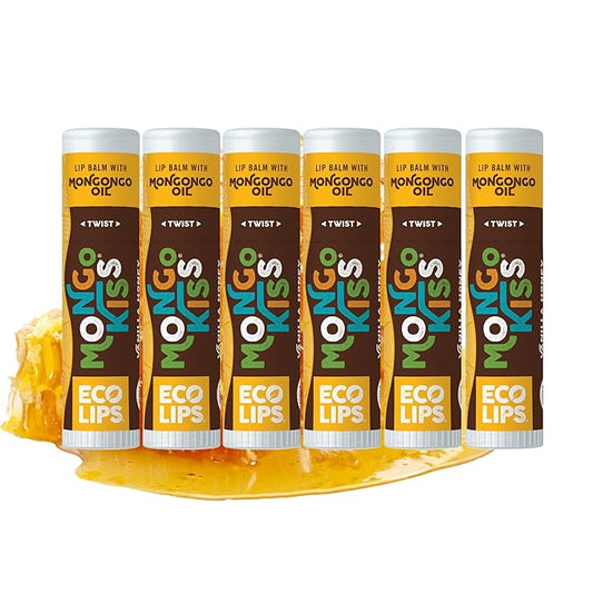 LIP BALM Mongo Kiss 6-Pack (6 tubes) Vanilla Honey by Eco Lips 100% Organic Beeswax & Cocoa Butter Lip Care with Organic Mongongo Oil - Soothe & Moisturize Dry and Cracked Lips - Made in USA