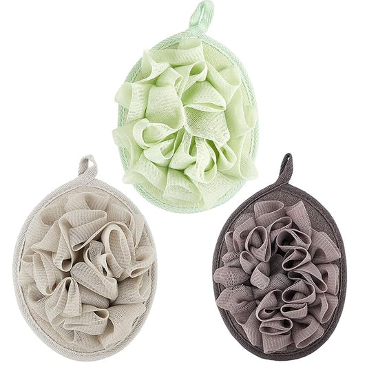 Boao Bath Shower Pouf Sponge Mesh Pouf Shower Ball Exfoliating Body Sponge Pad Scrubber Glove with Flower Bath Ball (3 Pcs,Green,Khaki,Dark Brown)
