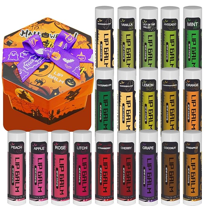 Yopela 19 Pack Halloween Lip Balm Party Favors, Lip Care Set with Vitamin E & Coconut Oil to Moisturize Repair Dry Chap Lips, 18 Flavors,Perfect for Trick-or-Treat Gifts or Goodie Bag Stuffers