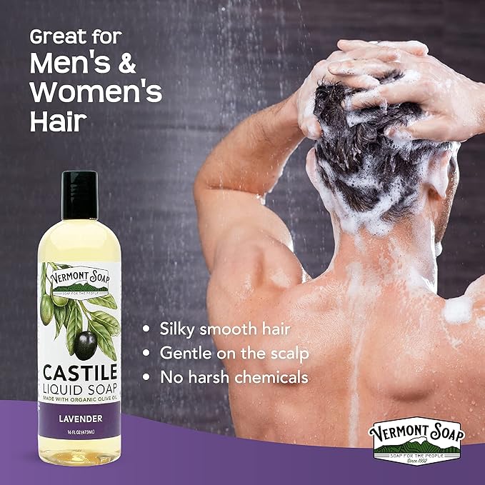 Vermont Castile Soap Lavender, Gentle Liquid Soap for Sensitive Skin & Natural Body Wash, Organic Hair Shampoo for Oily Hair, Aloe Castile for Men & Women - 16 Oz