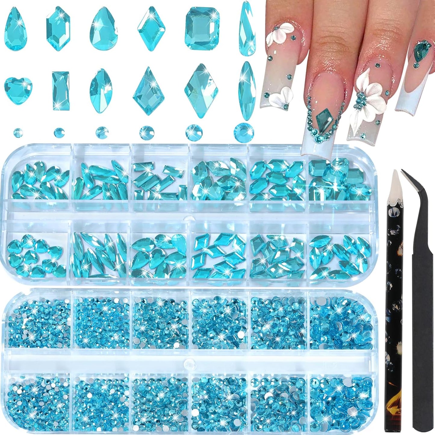 HNUIX Nail Rhinestones - 3D Multi Shape Size Crystal, Aquamarine Nail Gems, Flat Back, with Kit, for Nail Art, DIY Decorations