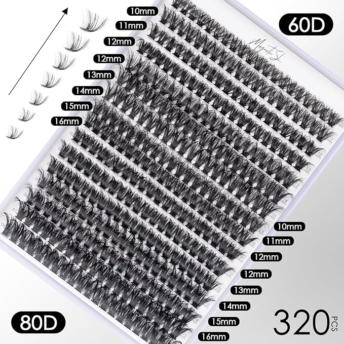 DIY Lash Extensions Kit 320pcs Individual Lashes Clusters 60D 80D D Curl Eyelash Extension Kit with Applicator and Lash Bond&Seal,Clusters Lash Glue Remover For False Eyelash Mix 10-16mm (60D+80D KIT)