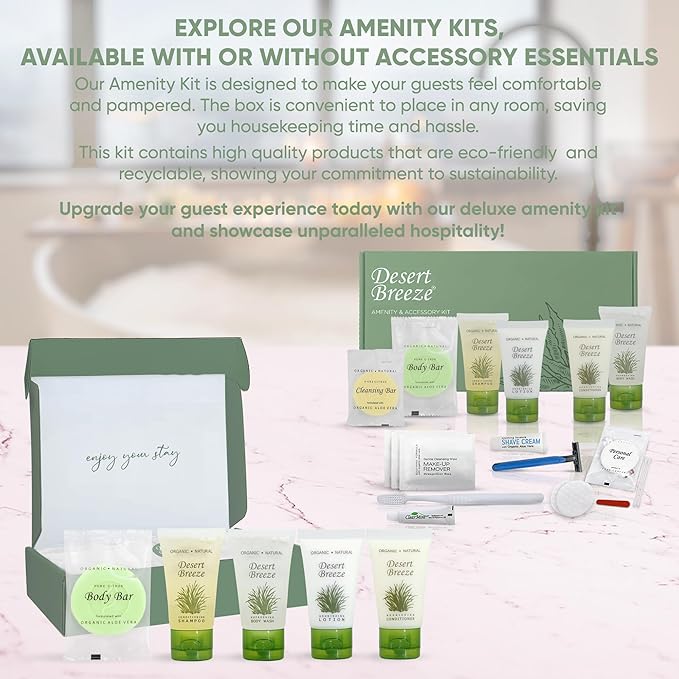Dessert Breeze Amenity Kit | Boxed Hotel Toiletries | Bulk Set 1oz Travel Size Shampoo, Conditioner, Lotion, Body Wash & Body Bar Soap for Guest Hospitality AirBnB/Vacation Rentals | 60 sets per case