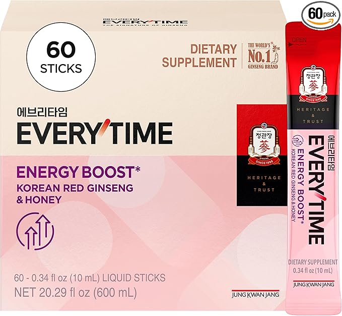 JUNG KWAN JANG Everytime Energy Boost Korean Red Ginseng Extract 1,000mg & Honey - Vegan Panax Drink Liquid Stick Supplements - No Caffeine, No Gluten, No-GMO 0.34 fl oz, 10EA (Pack of 6)