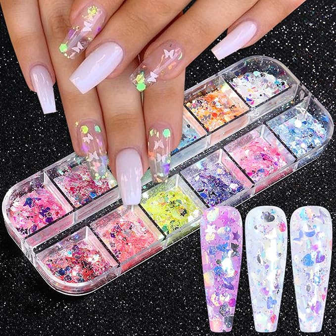 12 Grids Flaky Nail Art Glitter Sequins 3D Heart-Shaped Butterfly Ultra Thin Nail Art Sparkly Flake Designs Moon Stars Decorations Nail Glitter Sequins Suitable for Female Girl Nail Art Techniques