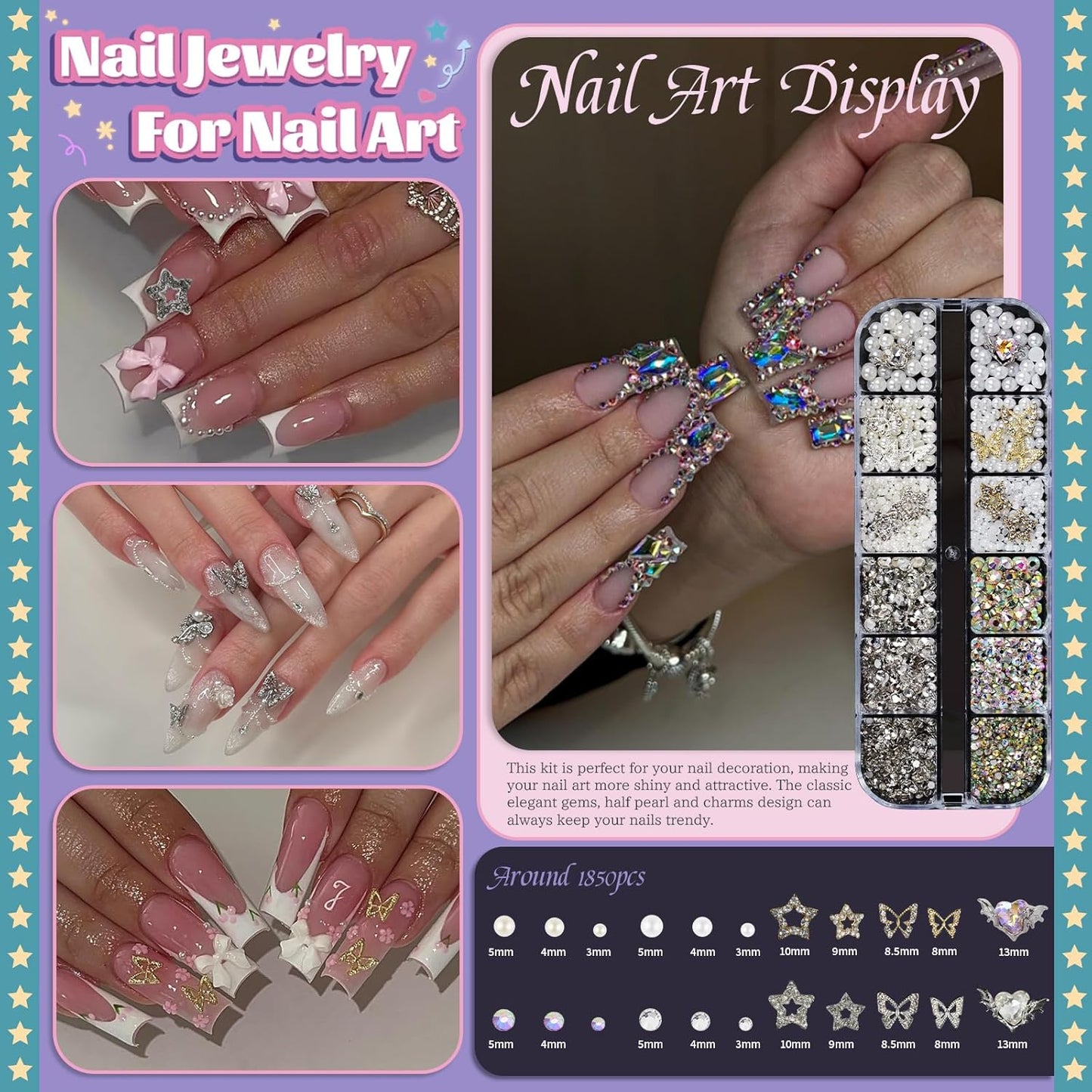 Rhinestones, AB Crystal Nail Gems Pink Opal Nail Rhinestones with Aurora Bubble Beads Pearls Star Heart Bows Nail Charms and Rhinestone Picker Tools for Kwaii Y2K Nail Art Decor - 3 Boxes