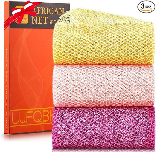 3 Piece Bright Style African exfoliating net Exfoliating Shower Set Long Bath Sponges for Smooth, Refreshed Skin, The Exterior Gleams - Ideal for Daily Use (Bright Yellow, Pink, Purple)