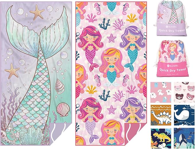 Eunzel 2 Pack Microfiber Kids Beach Towel, Quick Dry Towels for Girls & Boys Sand Free Travel Towel for Beach, Camping, Swim Pool 60"x30"，Mermaid Tail& Mermaid
