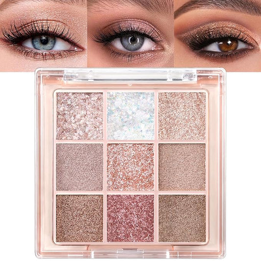 Erinde 9 Colors Eyeshadow Palette, Matte Shimmer Glitter Eye Shadow Palette Makeup, Highly Pigmented Long Lasting Waterproof, Natural Neutral Nude Eyeshadow Makeup Pallet, Diamond Snowflake