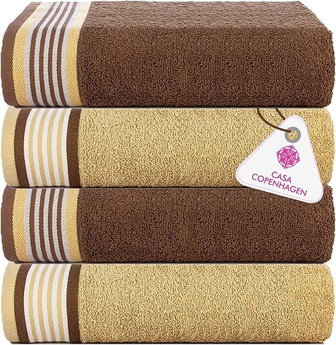 CASA COPENHAGEN He & She 4 Pieces Large Bath Towel Set- Brown + Beige, 550 GSM, Designed in Denmark Made of Soft Egyptian Cotton for Bathroom, Kitchen & Shower