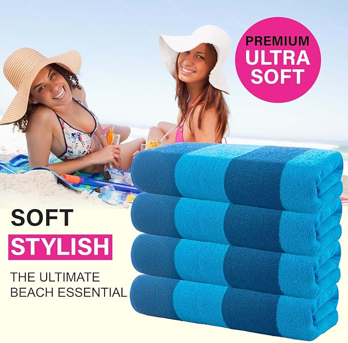 CASA COPENHAGEN Malibu Beach Towels Designed in Denmark Rough and Tough, Quick Dry, for Pool, Bath & Shower 30x60 inches 4 Pieces Cotton Beach Bath Towels Set - Blue