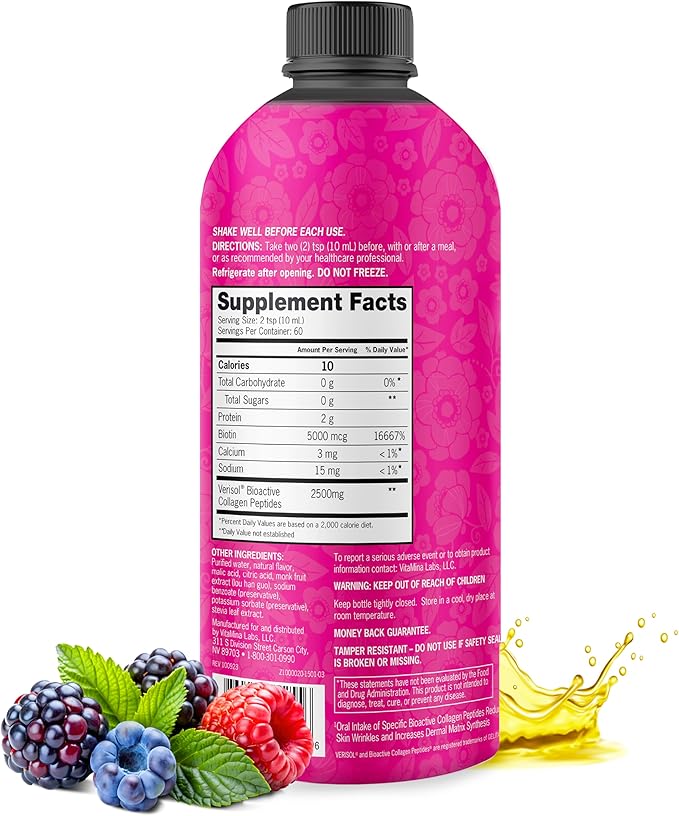 Zena Nutrition Liquid Collagen Peptides and Biotin, 2500mg Verisol Bioactive Collagen Peptides, 5000mcg Biotin, Hair, Skin, Nail Supplement for Women and Men, Mixed Berry, 60 Servings, 20.3 fl oz