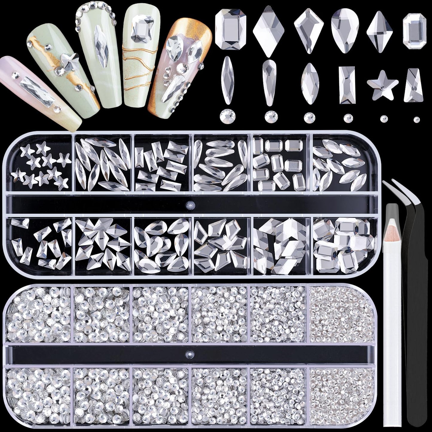 3220Pcs Clear Glass Nail Rhinestones 120Pcs Multi Shapes Flatback Gems Crystal + 3100Pcs 1.5-4mm Round Beads, Manicure Diomand Jewelry Gemstones for Nail Design Makeup Acrylic Nails Decoration