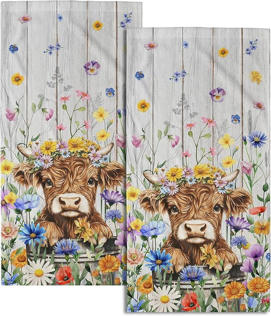 Giwawa Highland Cattle Hand Towels Set of 2 Watercolor Floral Decorative Kitchen Washcloths Soft Absorbent Bathroom Towels for Hotel Spa Gym Sport