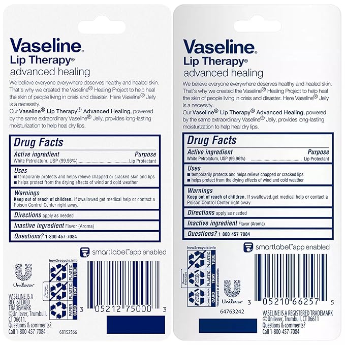 Vaseline Lip Therapy Advanced Healing 3-Pack – White Petroleum Moisturizing Lip Balm for Extremely Dry Lips, 0.35 Oz Ea
