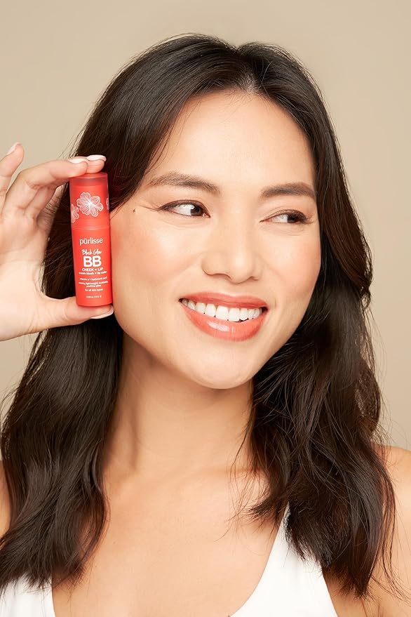 pürlisse Blush Glow BB Lip and Cheek Tint - Hydrating & Buildable 2-in-1 Cream Blush Stick for Cheeks & Lips - Formulated with Nourishing Vitamin E & Hyaluronic Acid - Peach Please (.28 oz)