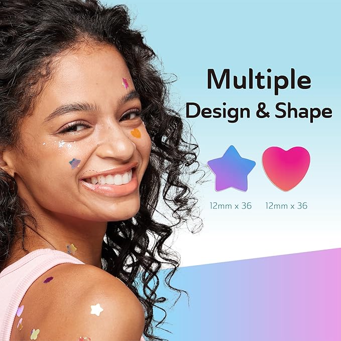 Star Pimple Patches for Face, Cute Acne Patches with Salicylic Acid, CICA & Tea Tree Oil, 144 Holographic Star Moon Heart Butterfly Patches, 7X Absorbency Pimple Patches for Teens (4 Designs, 36 Each)