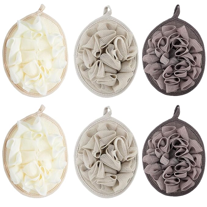 Boao 6 Pcs Bath Shower Pouf Sponge Mesh Pouf Shower Ball Exfoliating Body Sponge Pad Scrubber Glove with Flower Bath Ball (Khaki,Dark Brown,Beige)