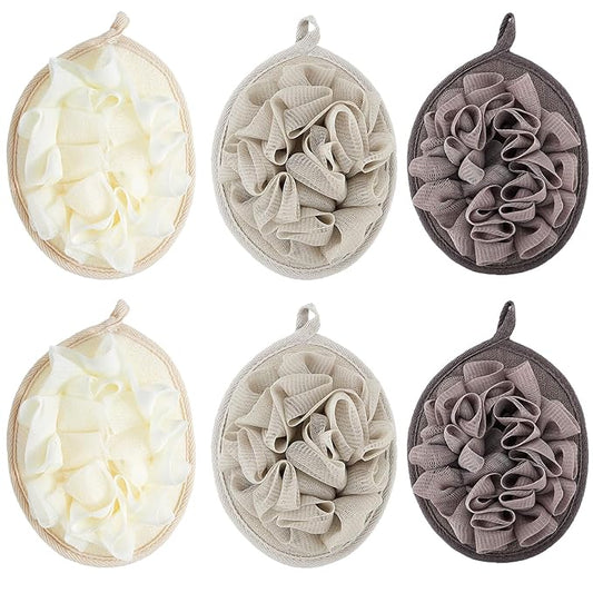 Boao 6 Pcs Bath Shower Pouf Sponge Mesh Pouf Shower Ball Exfoliating Body Sponge Pad Scrubber Glove with Flower Bath Ball (Khaki,Dark Brown,Beige)