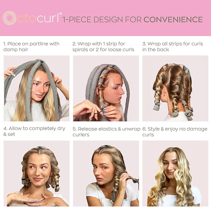 Octocurl Heatless Hair Curler - No Headband Octopus Curler - Overnight Curls for Short Hair (QMax - Mauve)