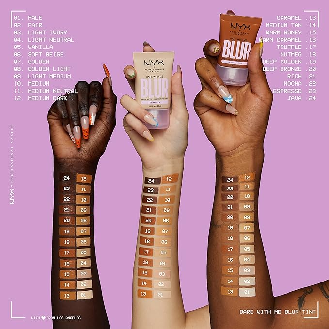 NYX PROFESSIONAL MAKEUP Bare With Me Blur Skin Tint Foundation Make Up with Matcha, Glycerin & Niacinamide - Warm Caramel