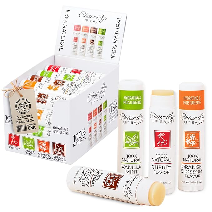 100% Natural Lip Balm Set, Hydrating and Moisturizing Beeswax Natural Flavor Assortment, Lip Moisturizer for Dry Lips, Cocoa Butter, Petroleum Free, 24 Count, 2Pack