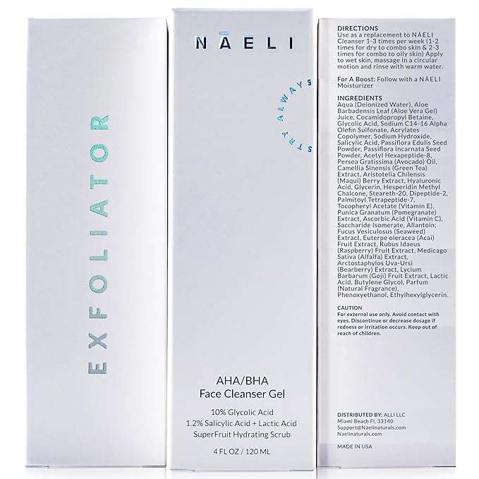 NAELI AHA/BHA Exfoliating Face Wash - 10% Glycolic Acid & Salicylic Acid Cleanser, Anti Aging Acne & Wrinkle Reducing Facial Exfoliant, Pore Minimizer & Brightening Gel, 4 oz