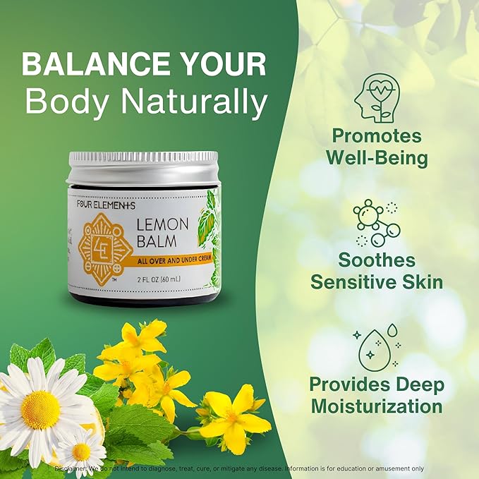 Four Elements Lemon Balm Face Moisturizer Cream - 2 Oz | Herbal Face Cream with Organic Lemon Balm, Chamomile, Shea Butter & Vitamin E | Body Hydrating Moisturizer Beauty Essential
