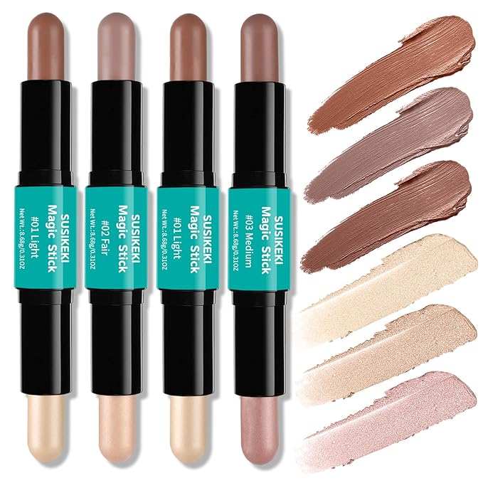 Contour Stick, 4Pcs Dual-Ended Highlighter Makeup Pen & Contouring Stick for Face Shaping, Long Lasting Waterproof Cream Bronzer & Highlight Sticks Make Up Kit for All Skin Tones(Set A+Set B)
