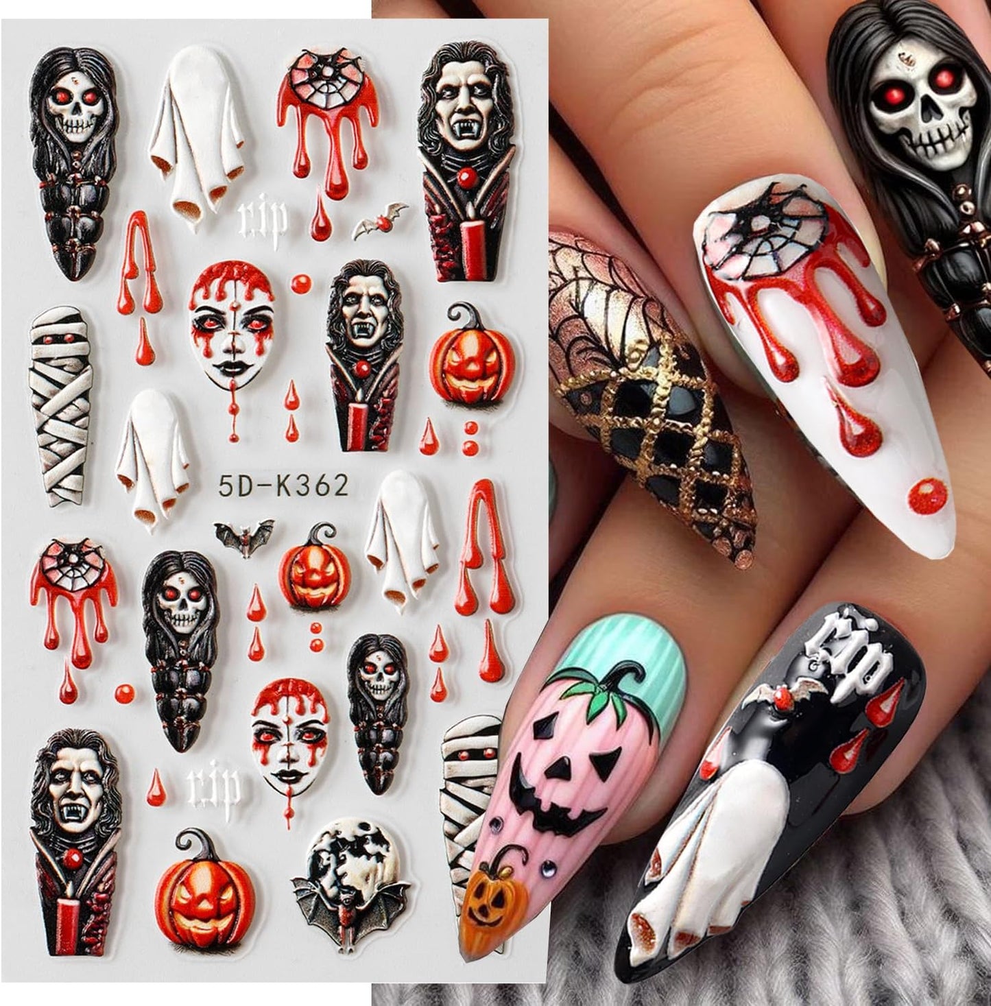 2 Sheets Halloween Nail Art Stickers 5D Embossed Horror Ghost Nail Stickers Big Red Lips Pumpkin Devil's Flame Eye Bat Design Terror Spider Mummy Nail Decals for Women Acrylic DIY Nail Decorations