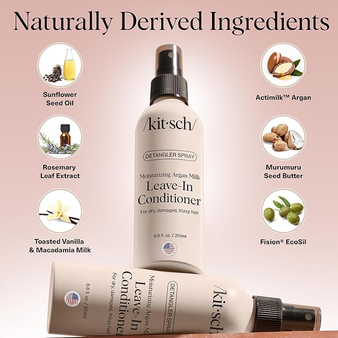 Kitsch Argan Milk Leave In Conditioner Spray – Lightweight Moisturizing Hair Spray for Women and Men - Hair Detangler Spray for Curly, Wavy, Fine, Dry & Damaged Hair - Silicone-Free - 6.8oz