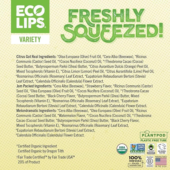 Eco Lips Freshly Squeezed Organic Fruit Lip Balms - Citrus Got Real (Lemon/Lime), Melondramatic (Watermelon), Jam Packed (Strawberry) Plastic-Free Plant Pod 6-pack by Eco Lips 100% Natural.