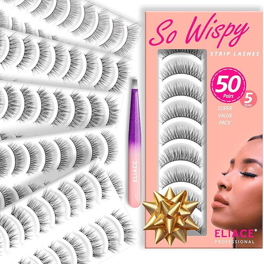 Eliace Luxurious 50 Pairs 5 Styles Cat Eye Lashes Wispy False Eyelashes Natural look 3D Mink Lashes Fake Eyelashes Kit, Thin Soft Band Comfortable Fluffy Volume Cross Strip Lash, with Lash Tweezers