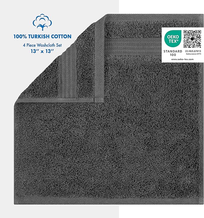 Cotton Paradise 100% Cotton Turkish Washcloth Set for Bathroom, 4 Piece Soft Absorbent Small Hand Face Towels Wash Rags, Dark Gray