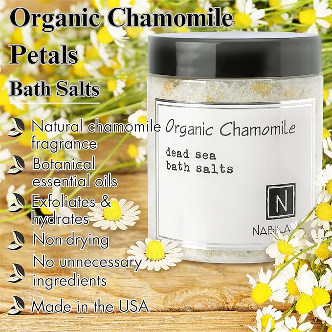 Organic Chamomile Bath Salts by Nabila K - Dead Sea Salt & Epsom Salt Scrub & Soak - Exfoliates & Hydrates Skin, Botanical Essential Oils - Bubble Bath Accessories for All Skins Types, 8 oz
