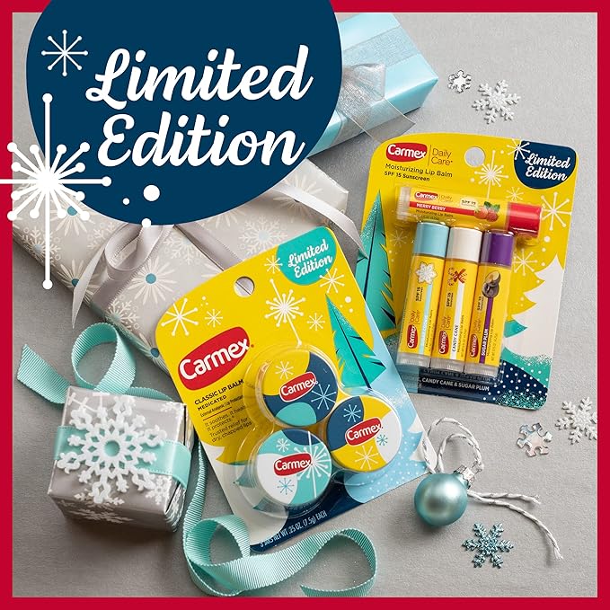 Carmex Lip Balm Limited Edition Holiday Packs: Carmex Daily Care Sticks, 4 count (1 pack), Carmex Medicated Jars, 3 Count (1 pack)